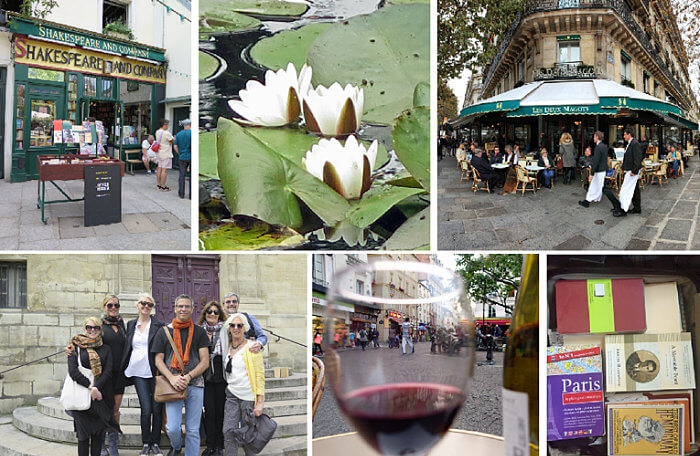 Photo collage of Left Bank Writers Retreat events, a writing workshop in Paris